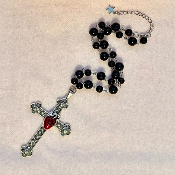 Heart Cross Pendant Necklace Goth Large Big Black Beaded Choker Adjustable New - Picture 7 of 14